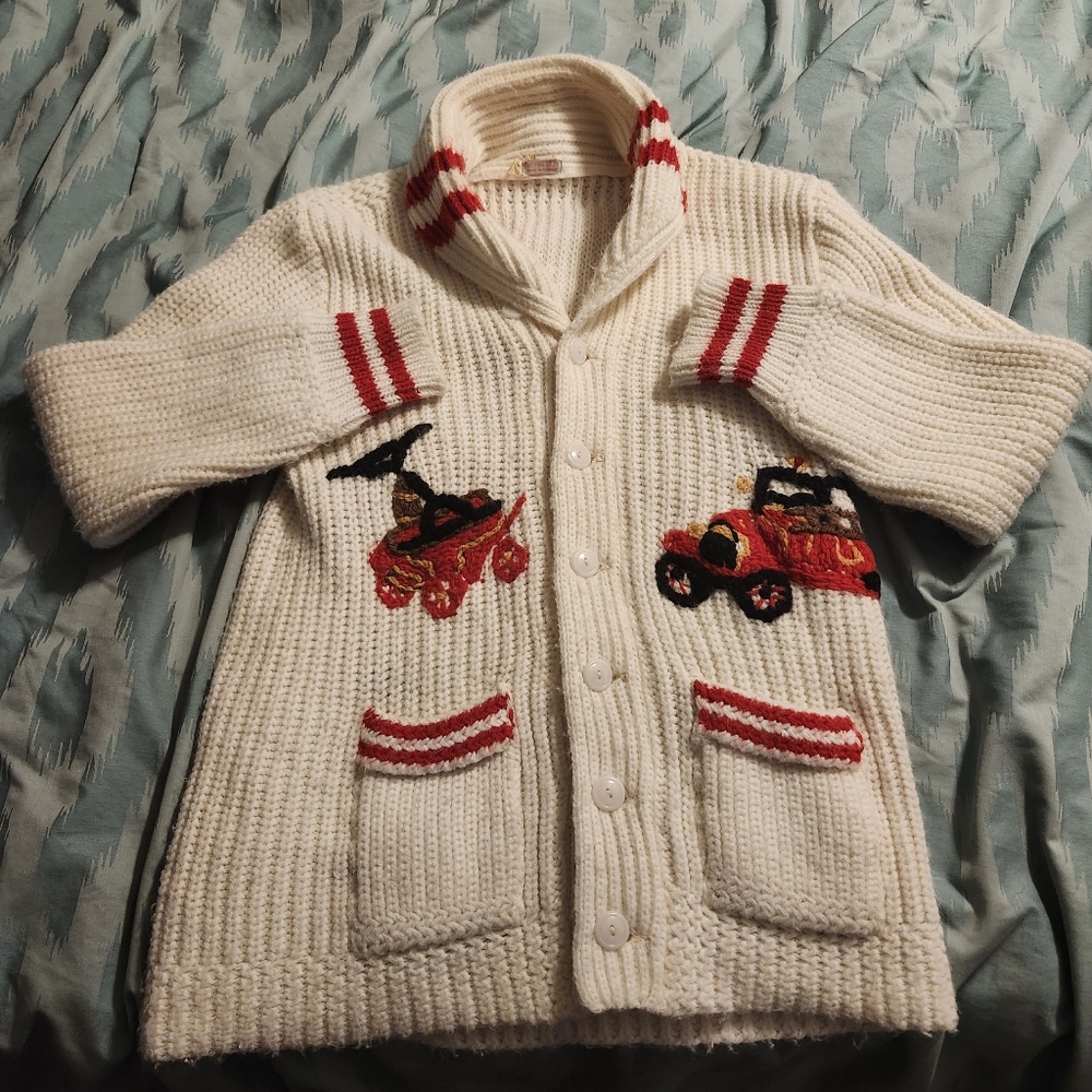 VTG 70s Handknit Tractor Cardigan Sweater‎ Men's Size Large Made In Canada